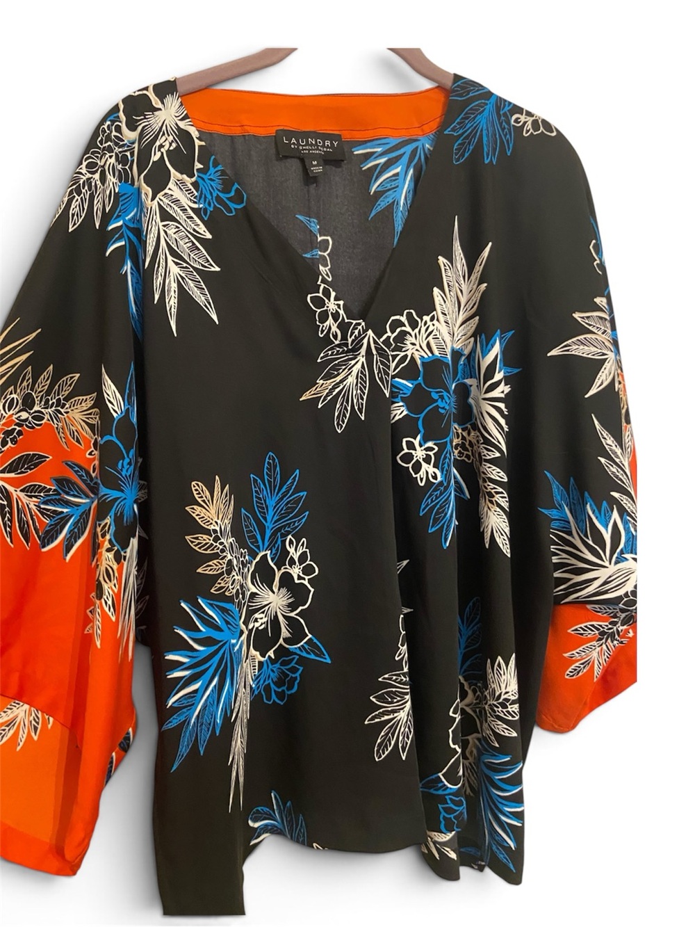 Laundry By Shelli Segal Black Floral Tunic with Blue, Cream & Orange Accents